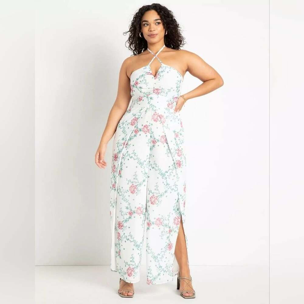 Size 20 Eloquii white jumpsuit, pink floral print, halter, slit leg, New